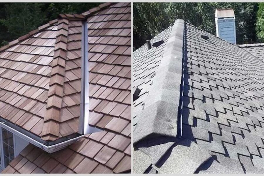 home with cedar shake roofing compared to a composite shingle roof