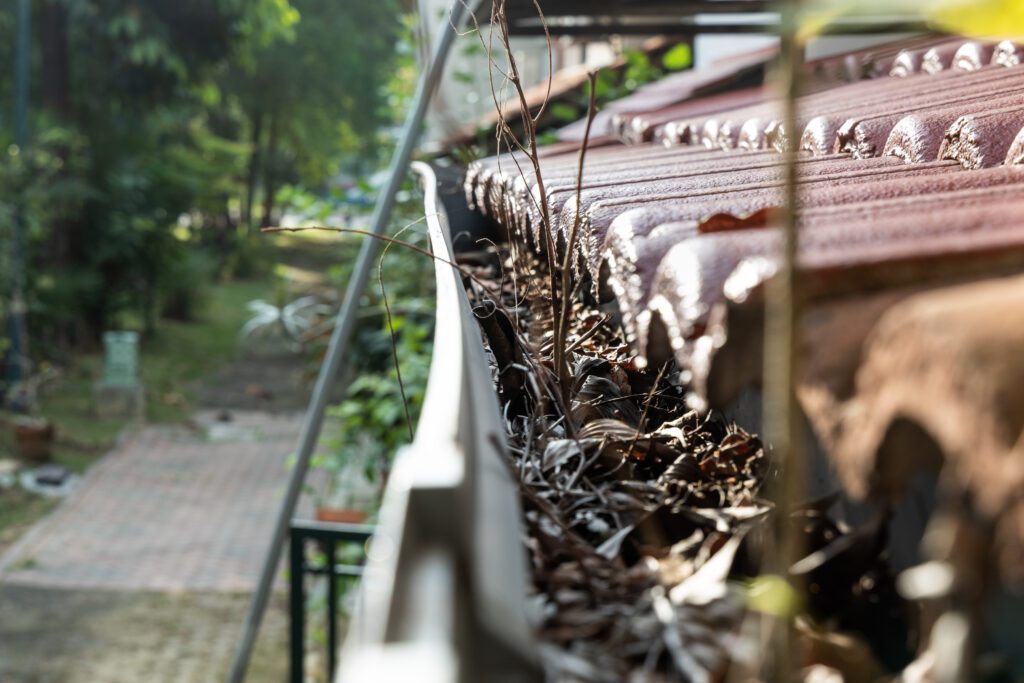 Clogged gutters can cause a roof leak by impeding water drainage.