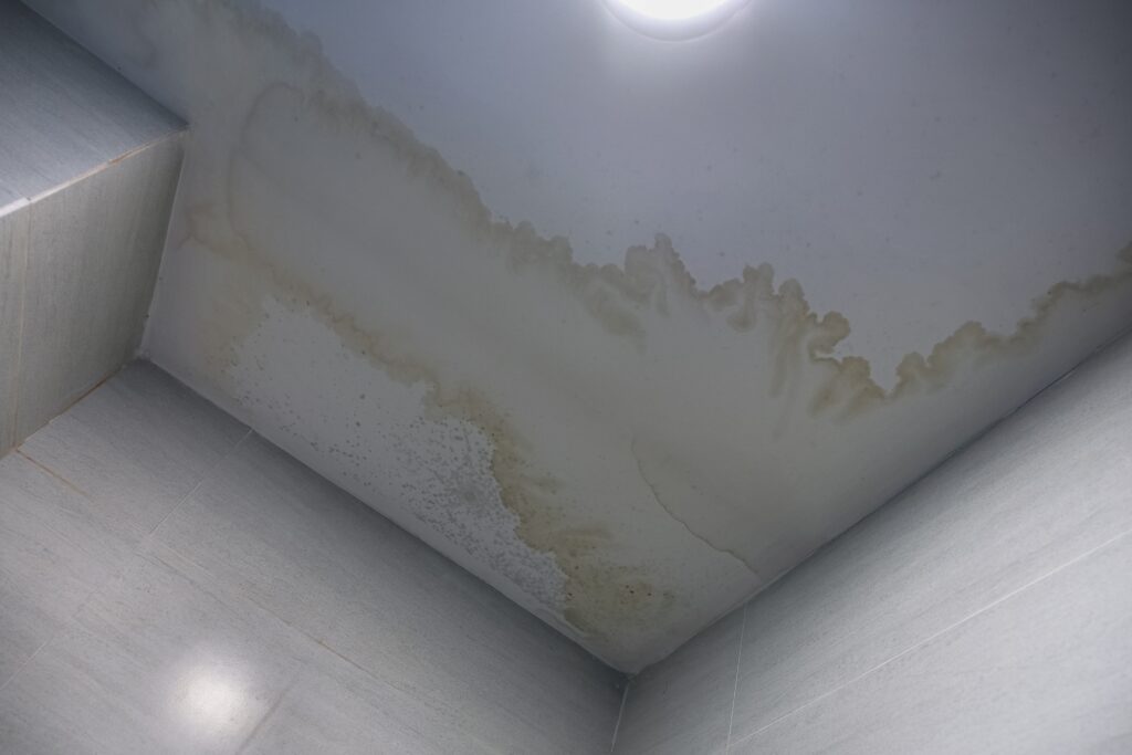 One sign of a roof leak is water stains on the ceiling or walls.